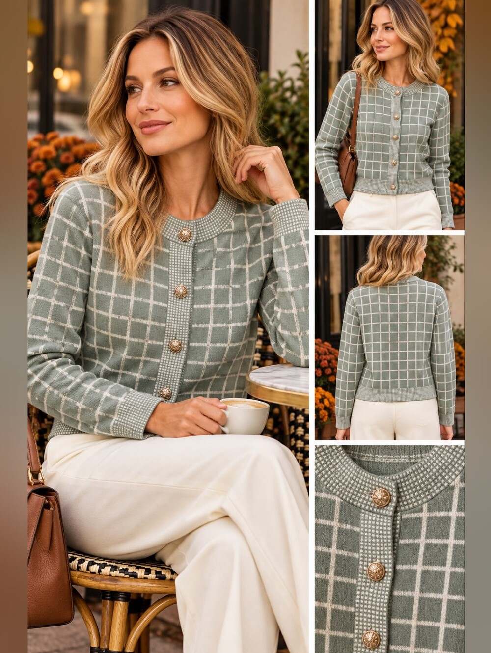 Marled Cardigan Sweater checkered round neckline button up Sweater SZ S